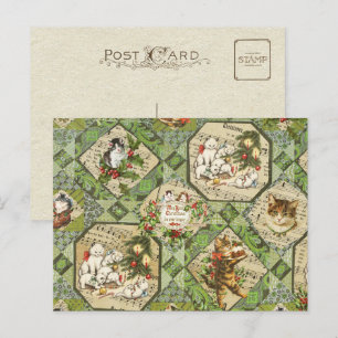 Postal Festiva Gatos Navideños Victorianos Vintage Lindos