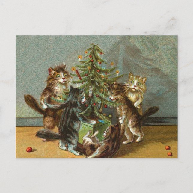 Postal Festiva Gatos navideños vintage (Anverso)