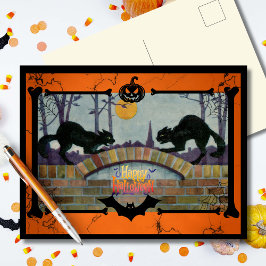 Postal Festiva Gatos negros de Halloween vintage