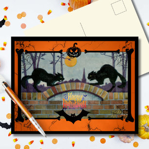 Postal Festiva Gatos negros de Halloween vintage