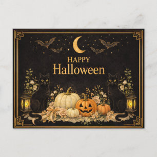 Postal Festiva Gatos Negros de Lujo Art Deco Halloween