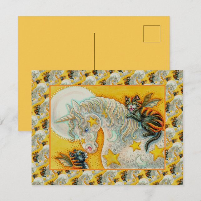 Postal Festiva GATOS NEGROS INFLAMADORES CON HALLOWEEN UNICORN Co (Anverso / Reverso)