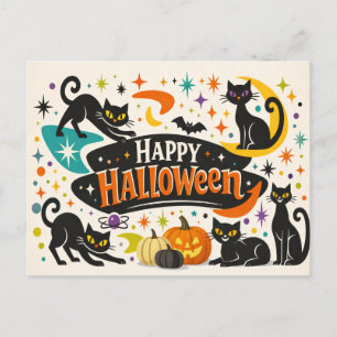 Postal Festiva Gatos Negros Retro de Halloween