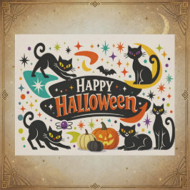 Postal Festiva Gatos Negros Retro de Halloween