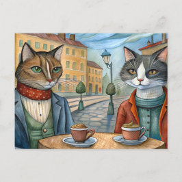 Postal Festiva Gatos vestidos comiendo en un café