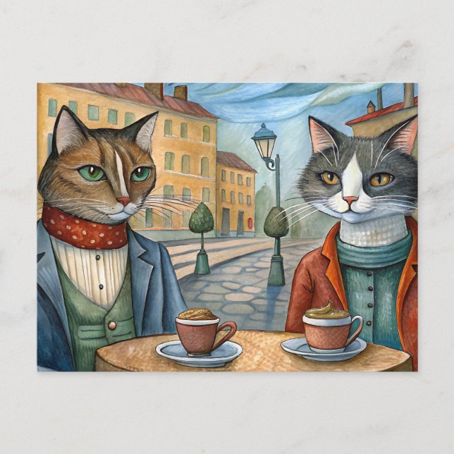 Postal Festiva Gatos vestidos comiendo en un café (Anverso)