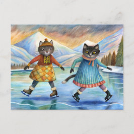 Postal Festiva Gatos vestidos con patinaje sobre hielo en el lago