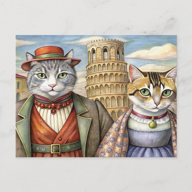 Postal Festiva Gatos vestidos en Pisa, Italia (Anverso)