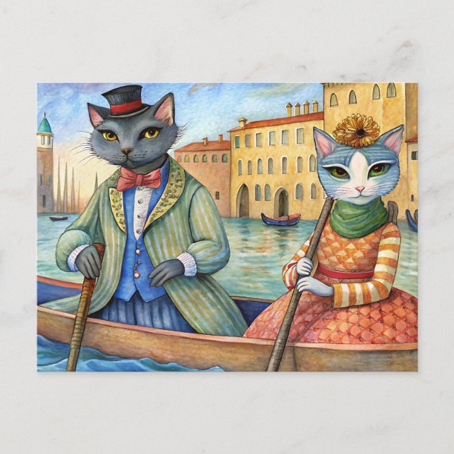 Postal Festiva Gatos vestidos en Venecia, Italia (Anverso)