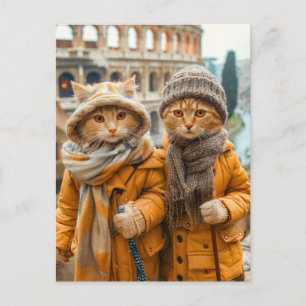 Postal Festiva Gatos visitando el Coliseo en Roma