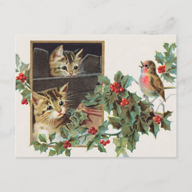 Postal Festiva Gatos y navidades de pájaros de la época (Anverso)