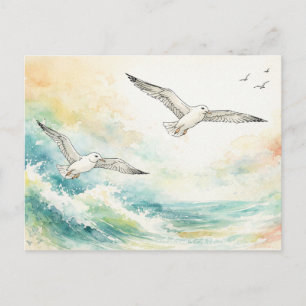 Postal Festiva Gaviotas Serenas Sobre Olas Oceánicas Acuarela