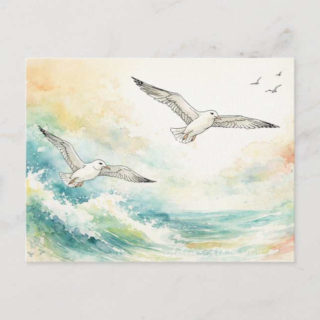 Postal Festiva Gaviotas Serenas Sobre Olas Oceánicas Acuarela (Anverso)