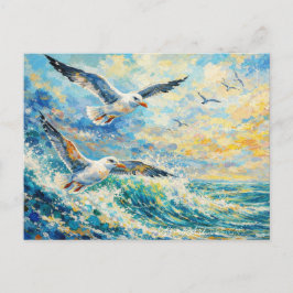 Postal Festiva Gaviotas Vibrantes Sobre Olas del Océano Impresion