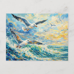 Postal Festiva Gaviotas Vibrantes Sobre Olas del Océano Impresion