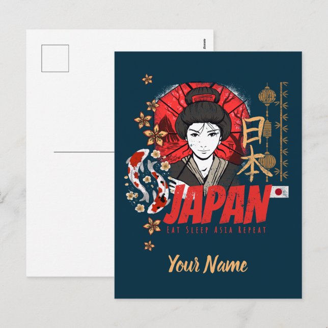 Postal Festiva Geisha japonesa vintage con bandera Koi y alma de  (Anverso / Reverso)