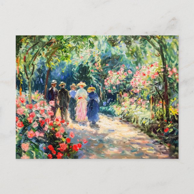Postal Festiva Gente caminando por el jardín de rosas (Anverso)