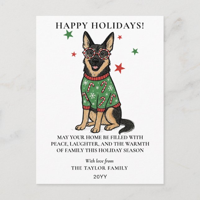 Postal Festiva German Shepherd Ugly Sweater Candy Cane Glasses (Anverso)