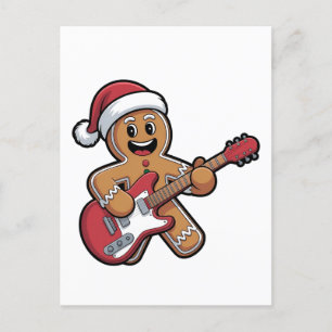 Postal Festiva Gingerbread Man toca guitarra Navidades eléctricos