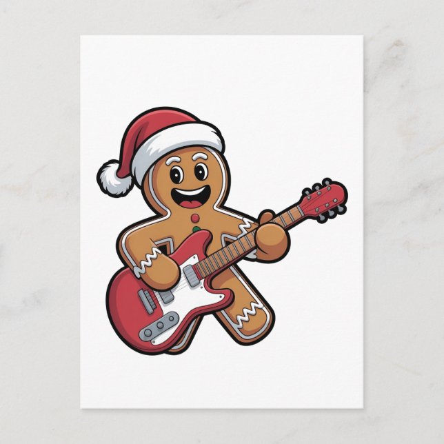 Postal Festiva Gingerbread Man toca guitarra Navidades eléctricos (Anverso)