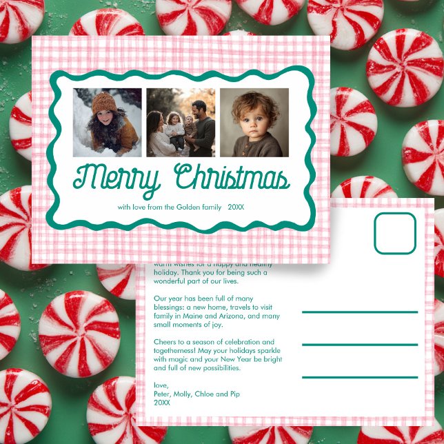 Postal Festiva Gingham Wavy Navidades verdes rosados Personalizad (Gingham Wavy Pink Green Preppy Cute Chic Christmas Custom 3 Photo Holiday Postcard
)