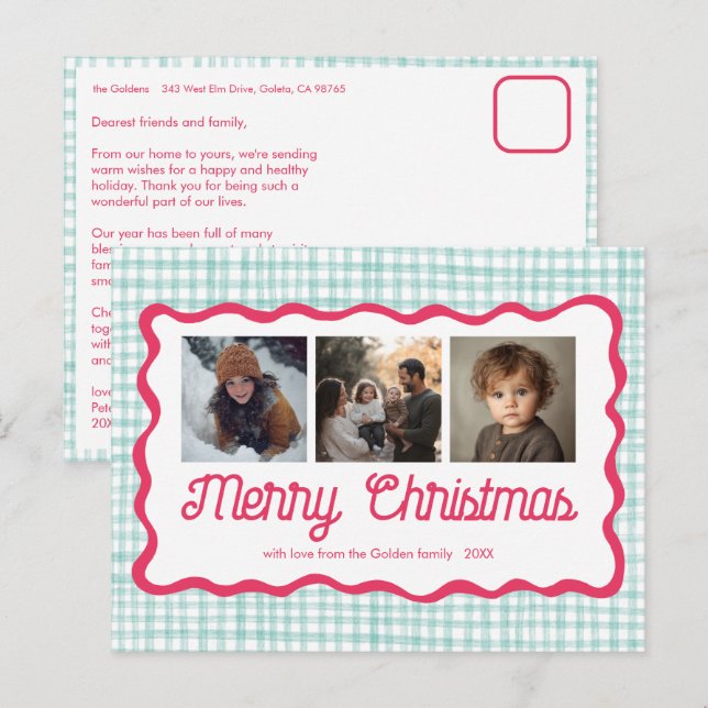 Postal Festiva Gingham Wavy Navidades verdes rosados Personalizad (Anverso / Reverso)