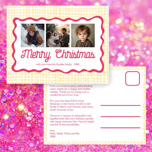 Postal Festiva Gingham Wavy Personalizado de Navidades Amarillos  (Gingham Wavy Pink Yellow Christmas Custom 3 Photo Collage Cute Chic Preppy Holiday Postcard
)