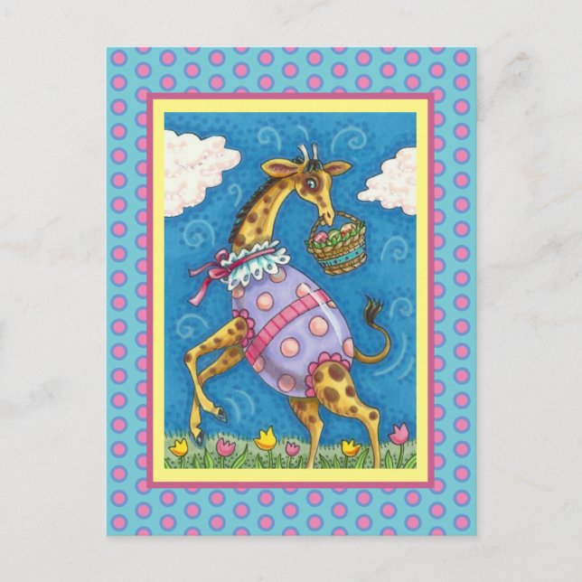 POSTAL FESTIVA GIRAFA DE HUEVO DE PASCUA & TULIPANES DE PRIMAVERA (Anverso)
