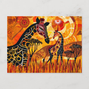 Postal Festiva Girafas africanas y sol al estilo tribal