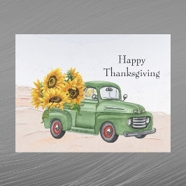 Postal Festiva Girasoles de Acción de Gracias en Camioneta Verde 