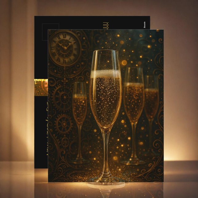 Postal Festiva Glam Happy New Year Steampunk Champagne  (Subido por el creador)