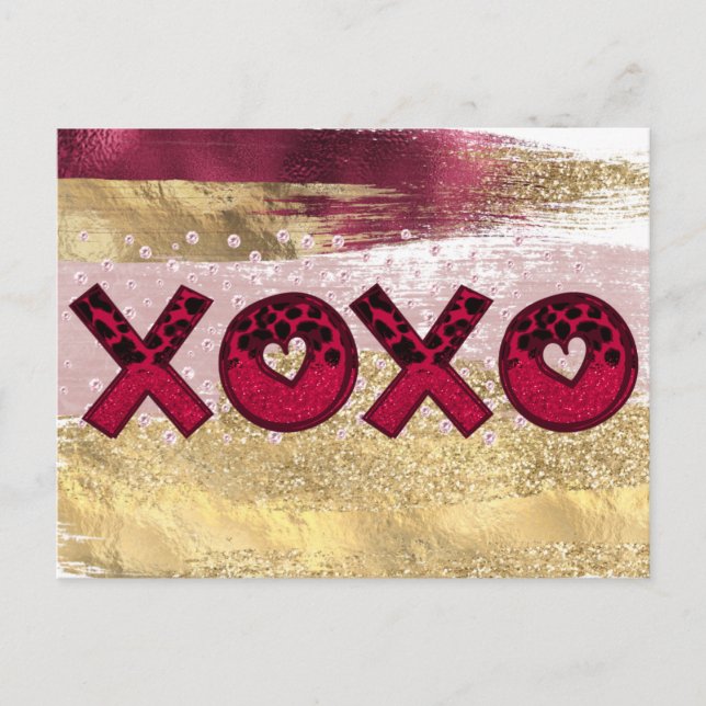 Postal Festiva Glam Purpurina Gold Red Luxe XOXO Día de San Valen (Anverso)