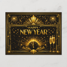Postal Festiva Glamoroso Año Nuevo Art Déco Dorado y Negro