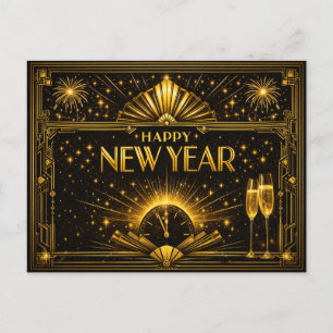 Postal Festiva Glamoroso Año Nuevo Art Déco Dorado y Negro
