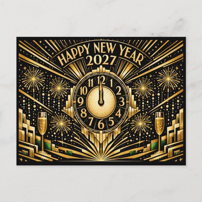 Postal Festiva Glamorous Gold Art Deco Midnight New Year (Anverso)