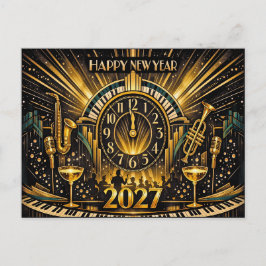 Postal Festiva Glamorous Gold Art Deco New Year Jazz Celebration