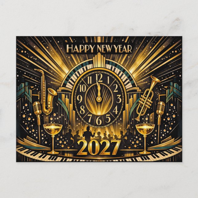 Postal Festiva Glamorous Gold Art Deco New Year Jazz Celebration (Anverso)