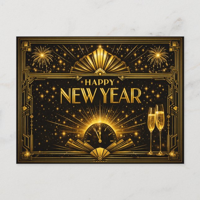 Postal Festiva Glamorous Gold Black Art Deco New Year (Anverso)
