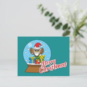 Postal Festiva Globe de nieve con búho de Santa Claus