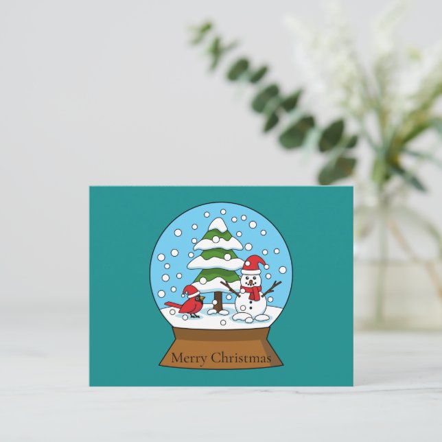 Postal Festiva Globe de nieve con cardenal Snowman y árbol de pin (Anverso de pie)