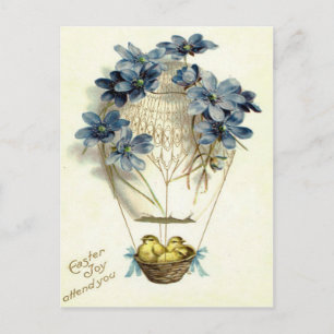 Postal Festiva Globo aerostático Flor Azul Pollito de Pascua