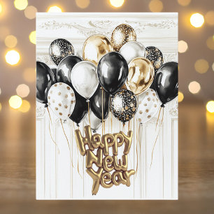 Postal Festiva Globos de Oro Plata y Negro Feliz Año Nuevo