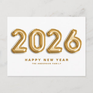 Postal Festiva Globos de Relieve metalizado dorado 2024 Feliz Año