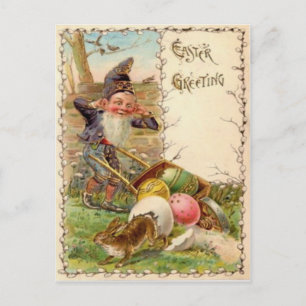 Postal Festiva Gnome de conejo de Pascua con huevo pintado de col
