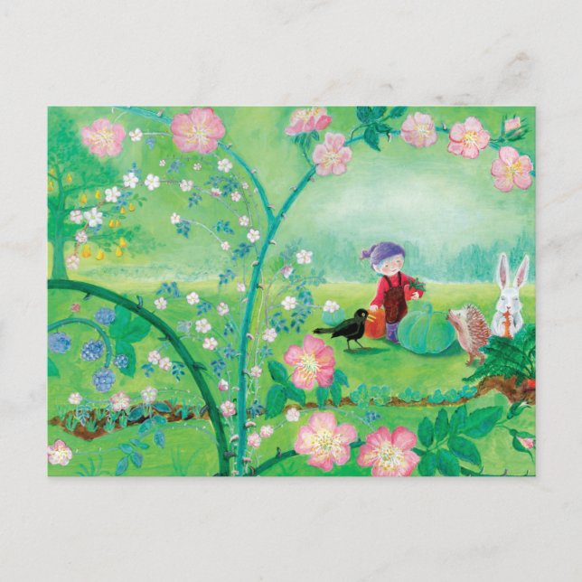 Postal Festiva Gnome jardener, Blackbird, Hedgehog y Conejo Blanc (Anverso)