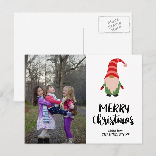 Postal Festiva Gnome lindo Merry Christmas Script Family Photo (Anverso / Reverso)