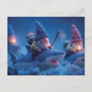 Postal Festiva Gnomes singulares montando sobre los tiburones