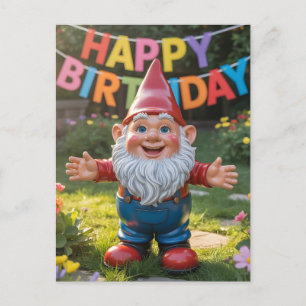 Postal Festiva Gnomo de jardín alegre con pancarta de "Feliz Cump
