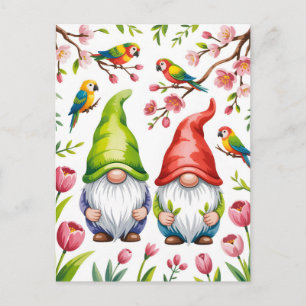 Postal Festiva Gnomo de jardín con loros tropicales