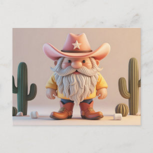 Postal Festiva Gnomo vaquero 3D estilizado en desierto